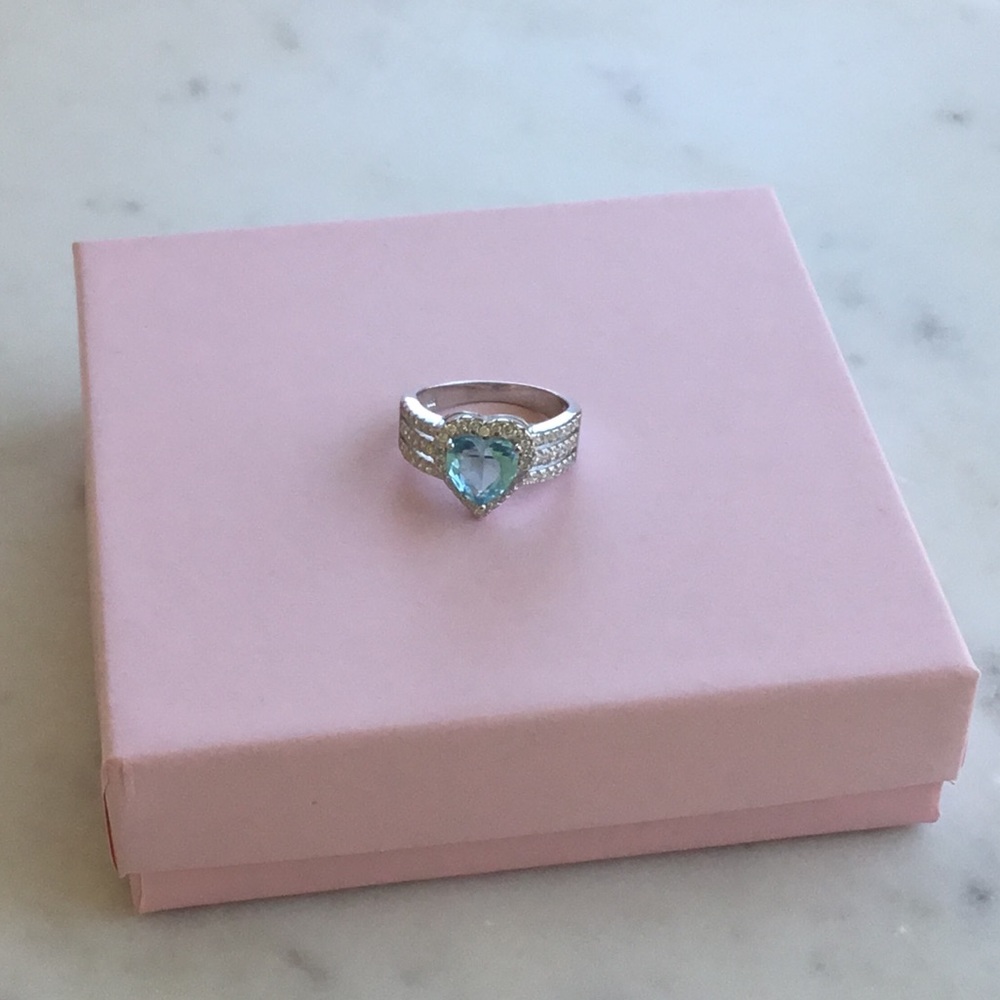 .925 Sterling Silver Aquamarine CZ Heart Ring - Picture 5 of 16